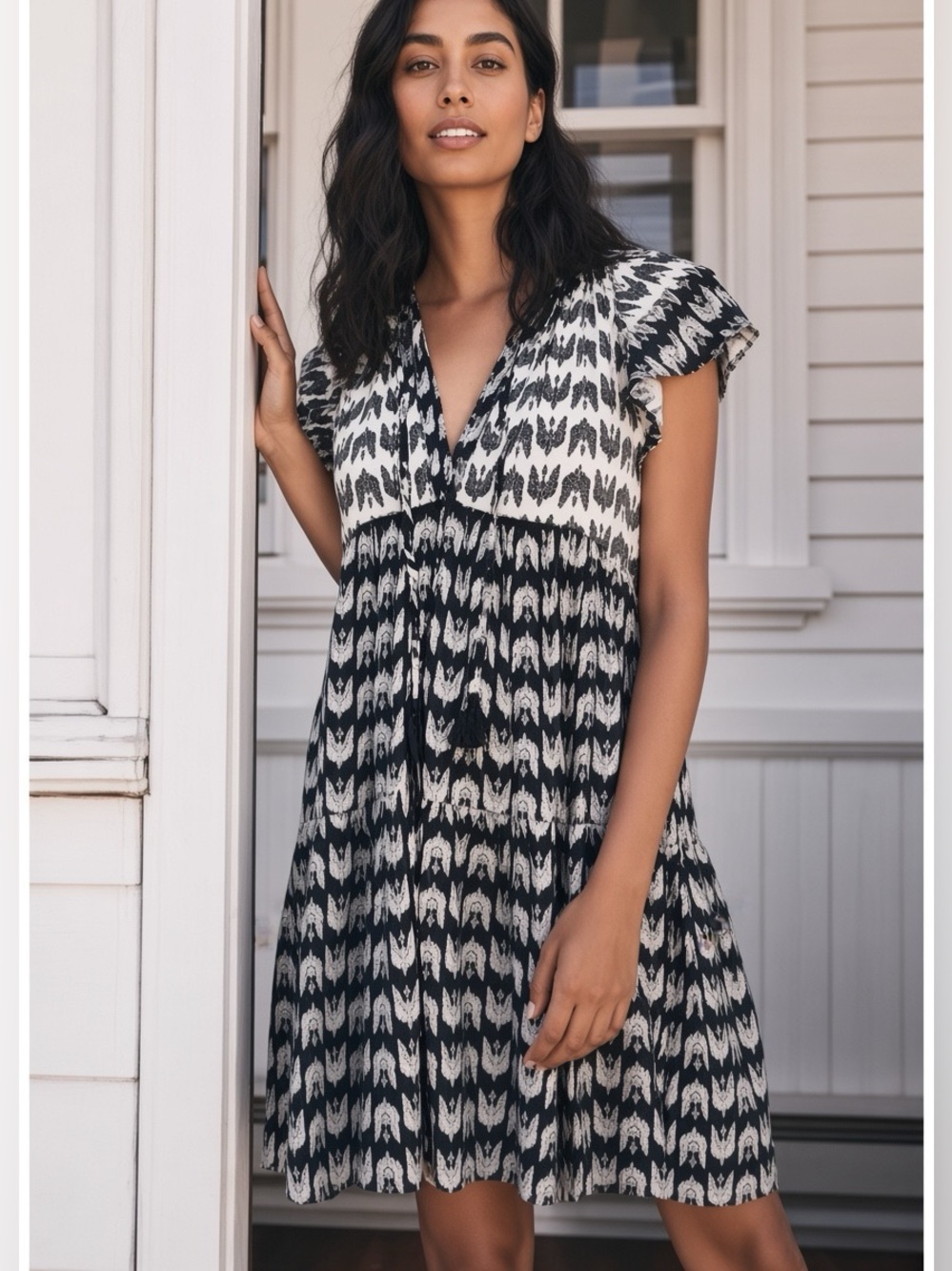 Anthropologie Kenzie Parrott Dress Black Off White Tasseled Small S
